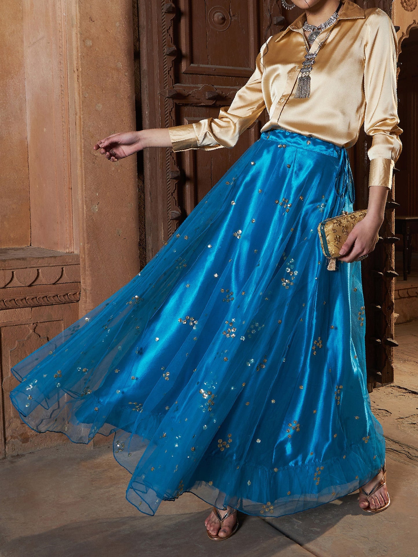 Women's Teal Tulle Sequin Bias Flare Anarkali Skirt