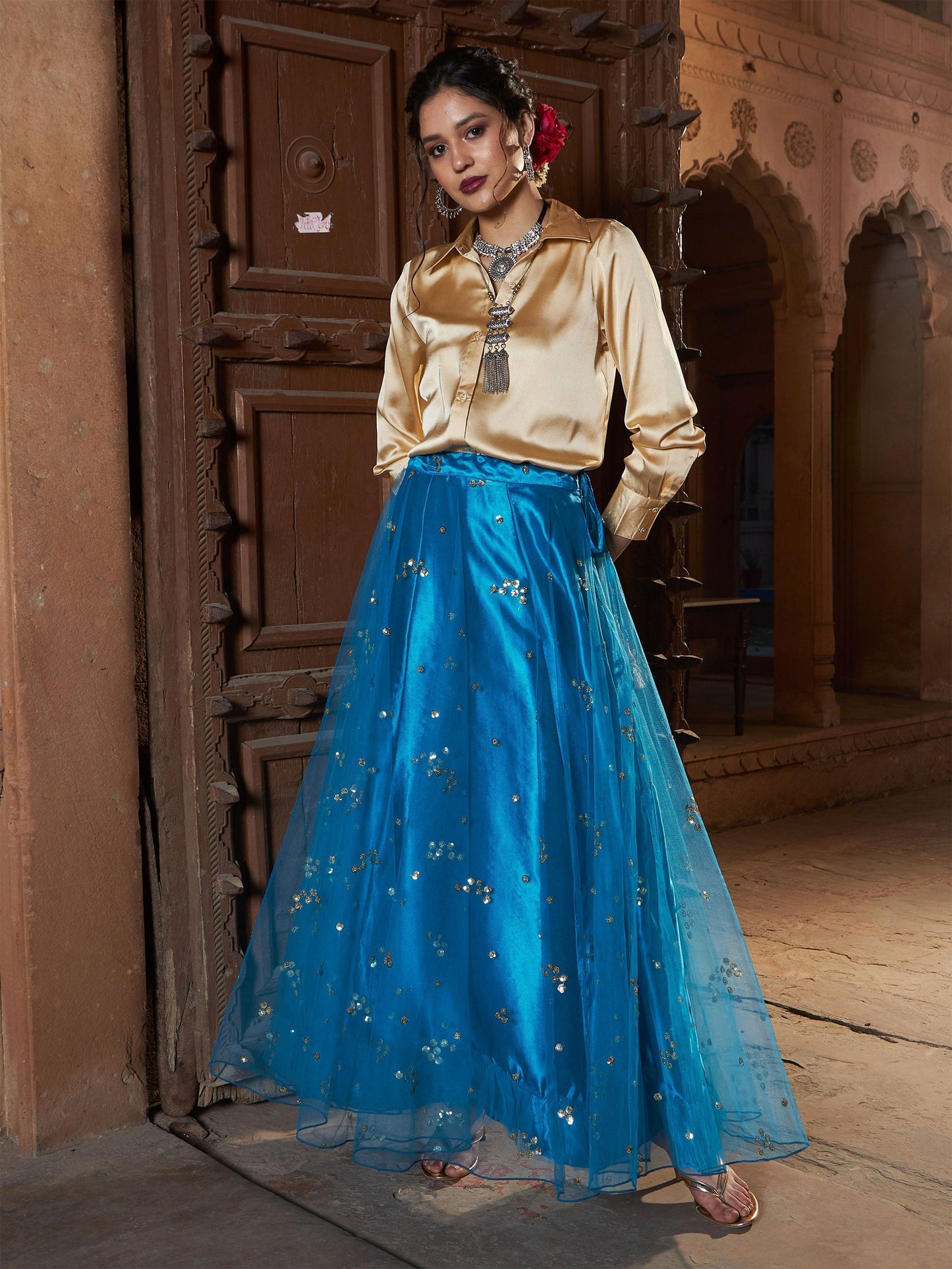 Women's Teal Tulle Sequin Bias Flare Anarkali Skirt