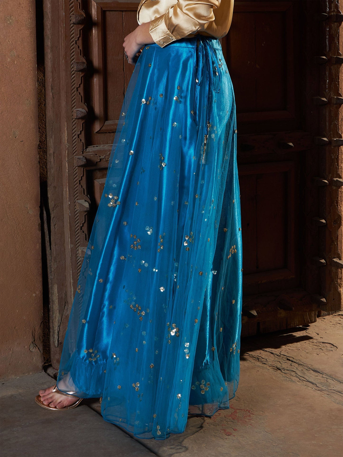Women's Teal Tulle Sequin Bias Flare Anarkali Skirt