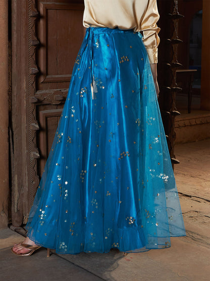 Women's Teal Tulle Sequin Bias Flare Anarkali Skirt
