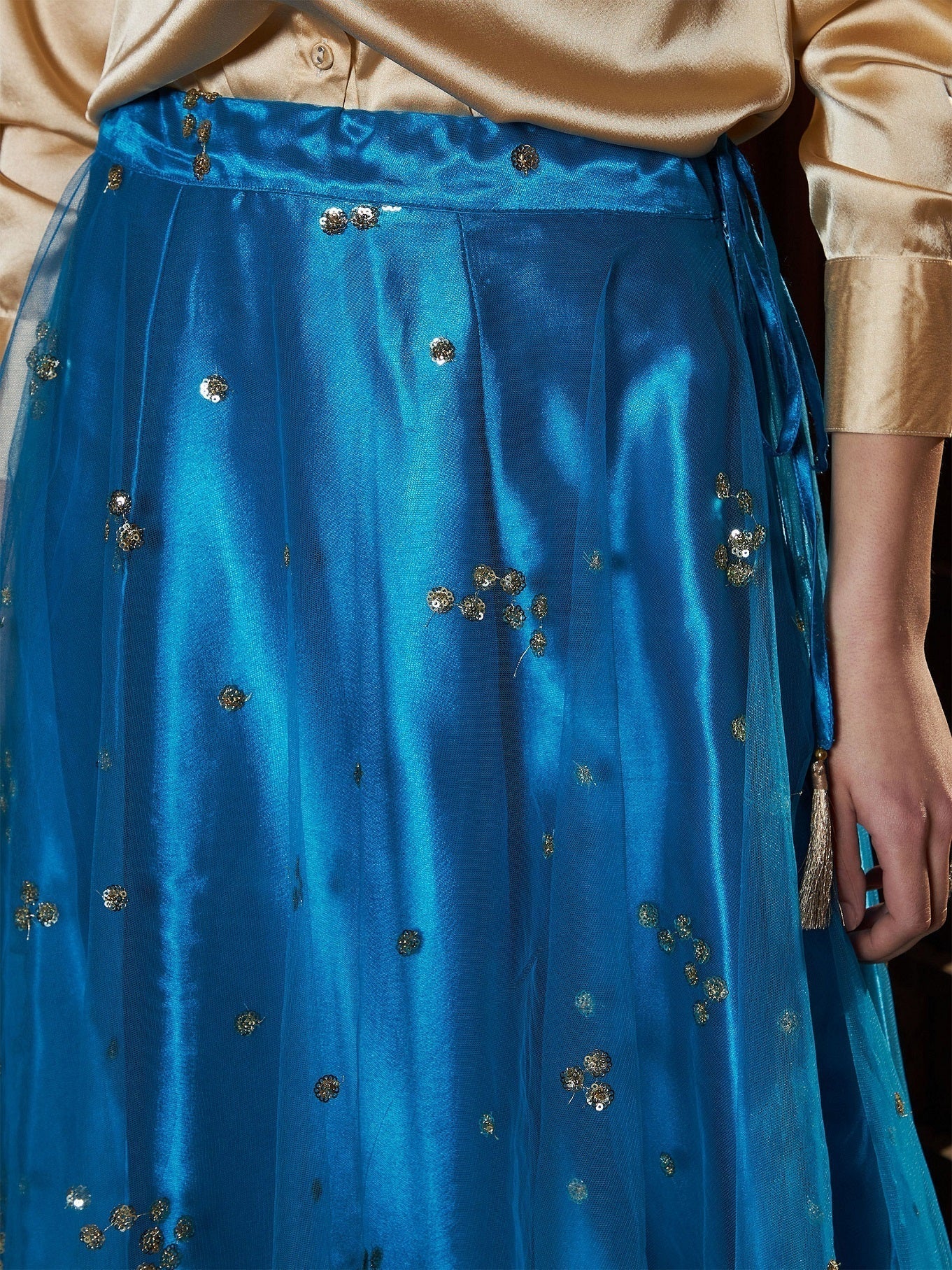 Women's Teal Tulle Sequin Bias Flare Anarkali Skirt