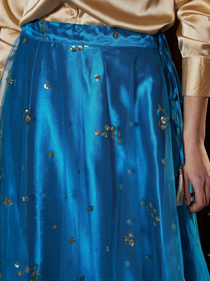 Women's Teal Tulle Sequin Bias Flare Anarkali Skirt