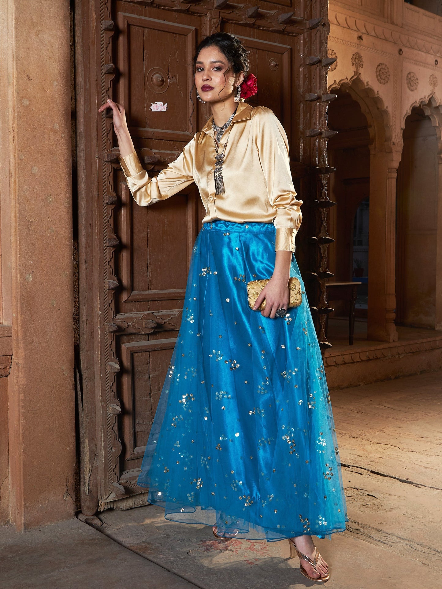 Women's Teal Tulle Sequin Bias Flare Anarkali Skirt