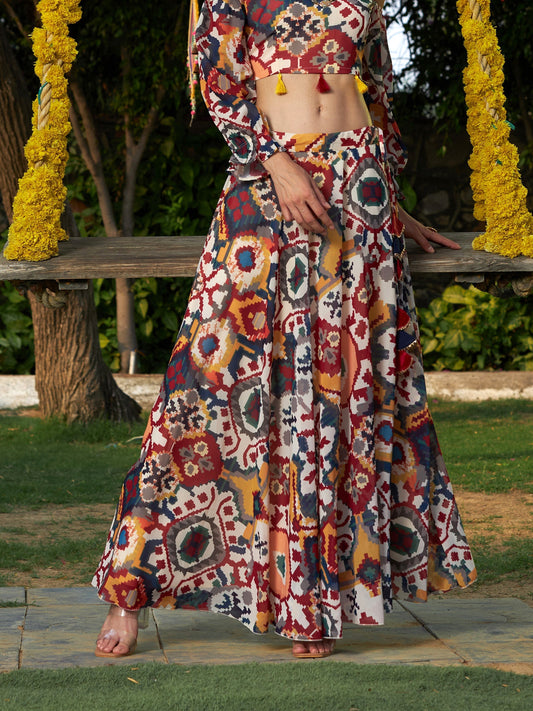 Women's Beige Ikat Print Bias Flared Skirt