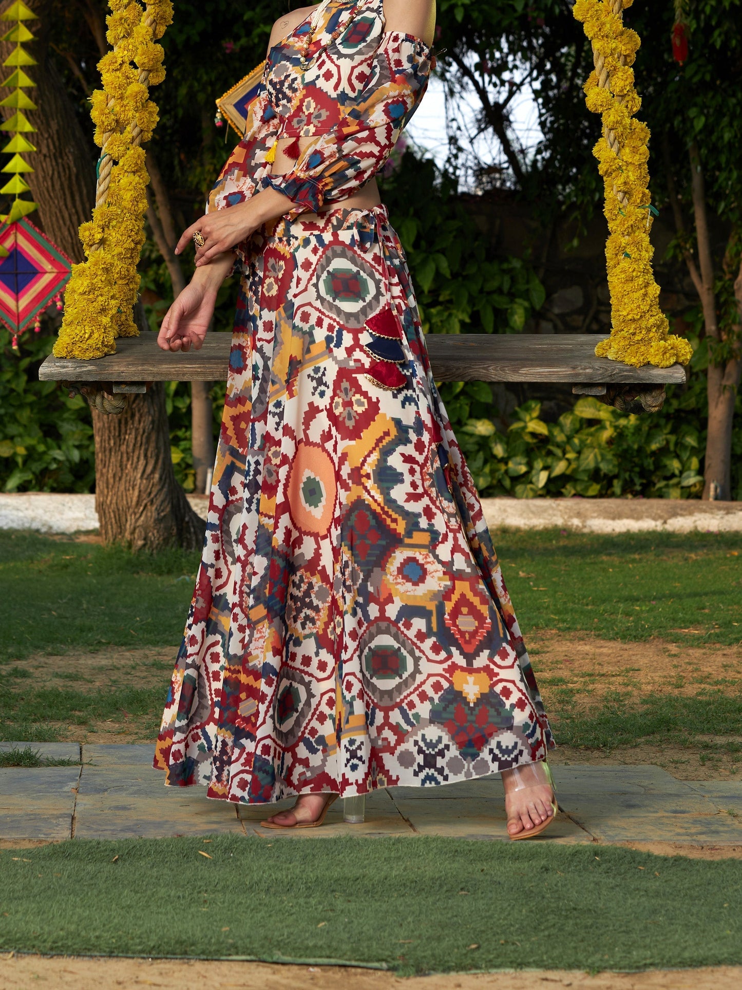 Women's Beige Ikat Print Bias Flared Skirt