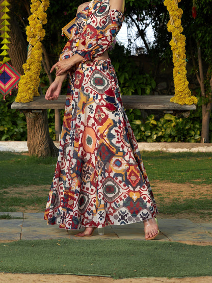 Women's Beige Ikat Print Bias Flared Skirt
