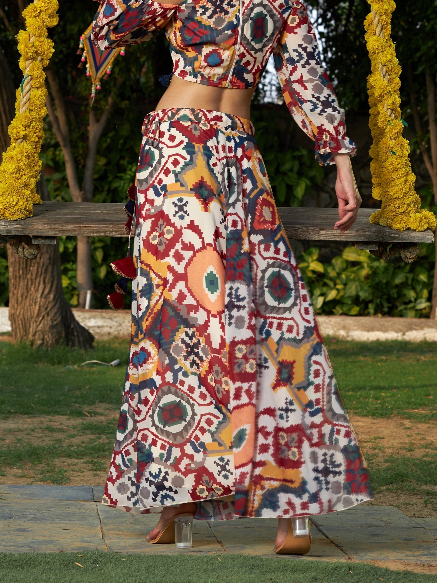 Women's Beige Ikat Print Bias Flared Skirt