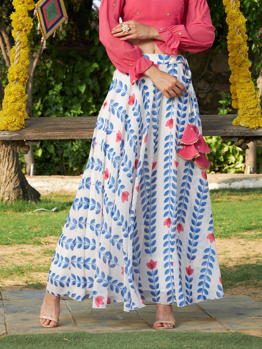 Women's White Lotus Print Bias Flared Skirt