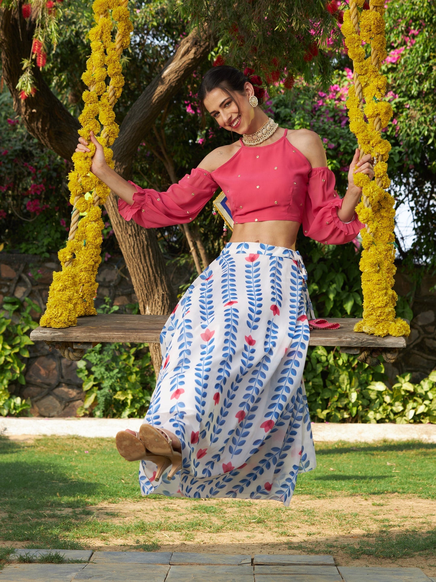 Women's White Lotus Print Bias Flared Skirt