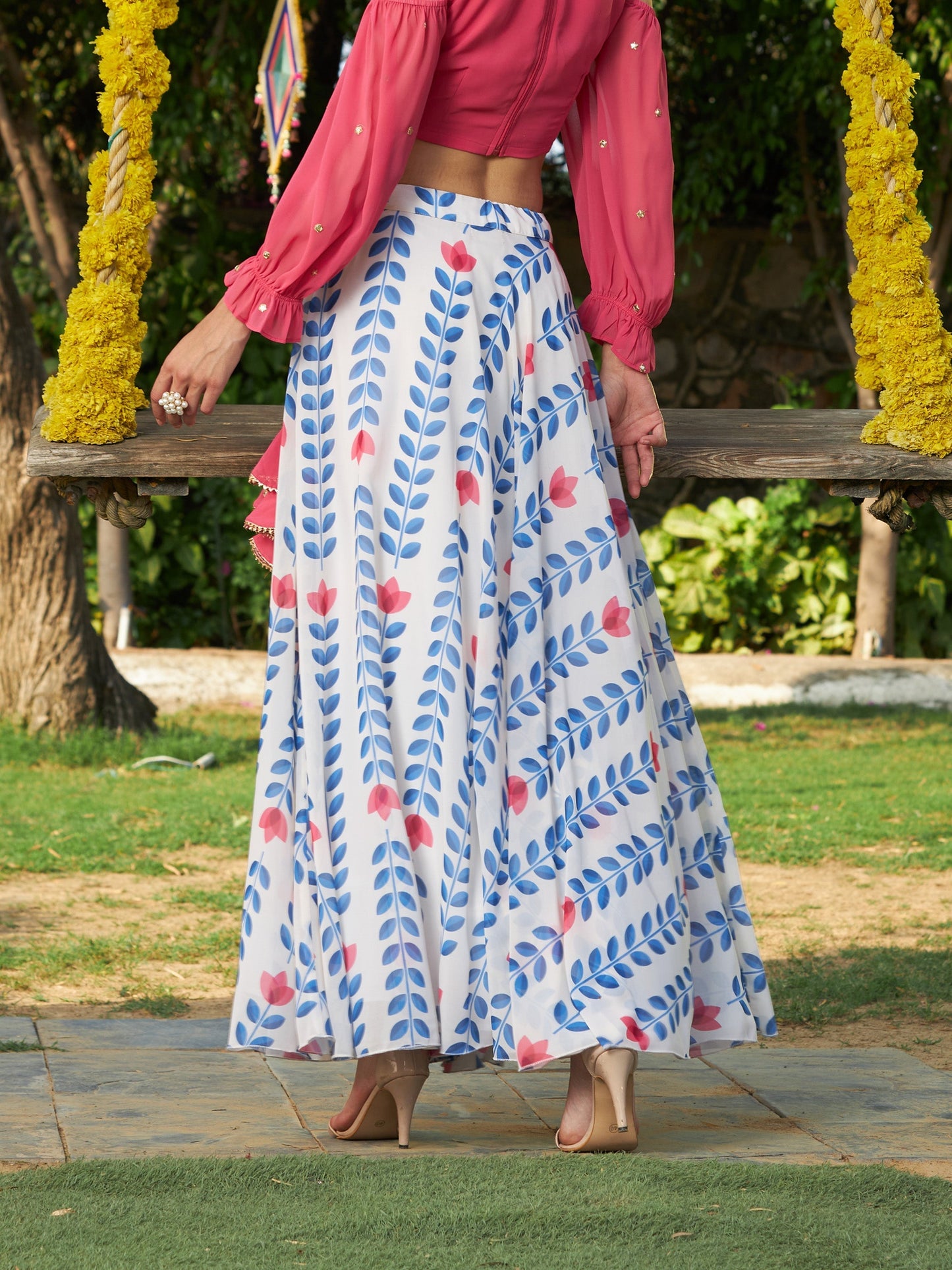 Women's White Lotus Print Bias Flared Skirt