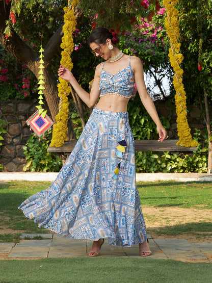 Women's Blue Floral Bias Flared Skirt