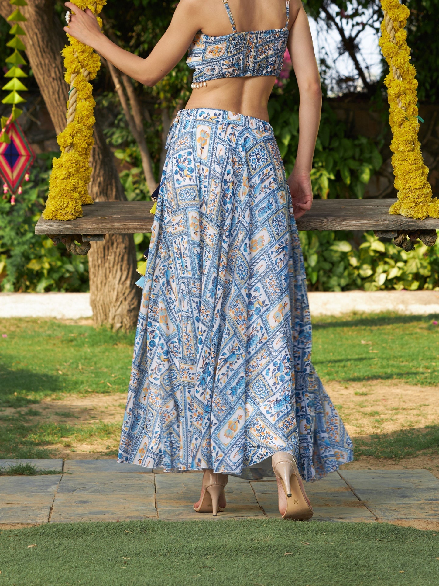 Women's Blue Floral Bias Flared Skirt