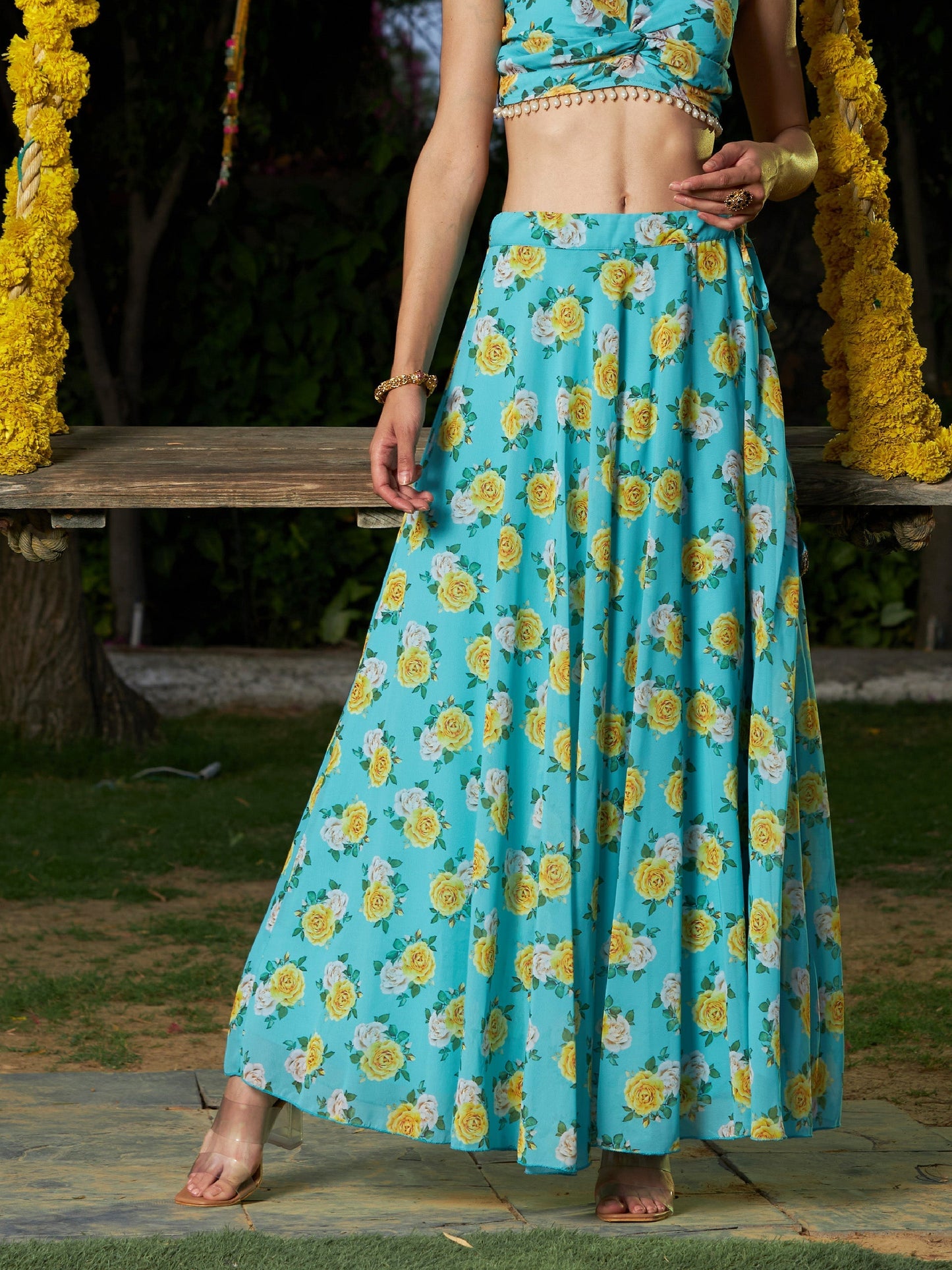 Women's Green Floral Bias Flared Skirt