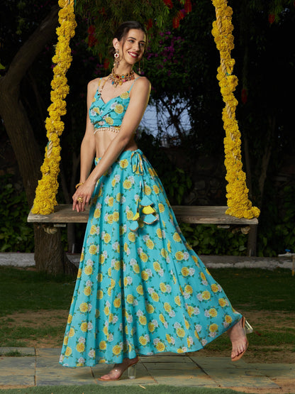 Women's Green Floral Bias Flared Skirt