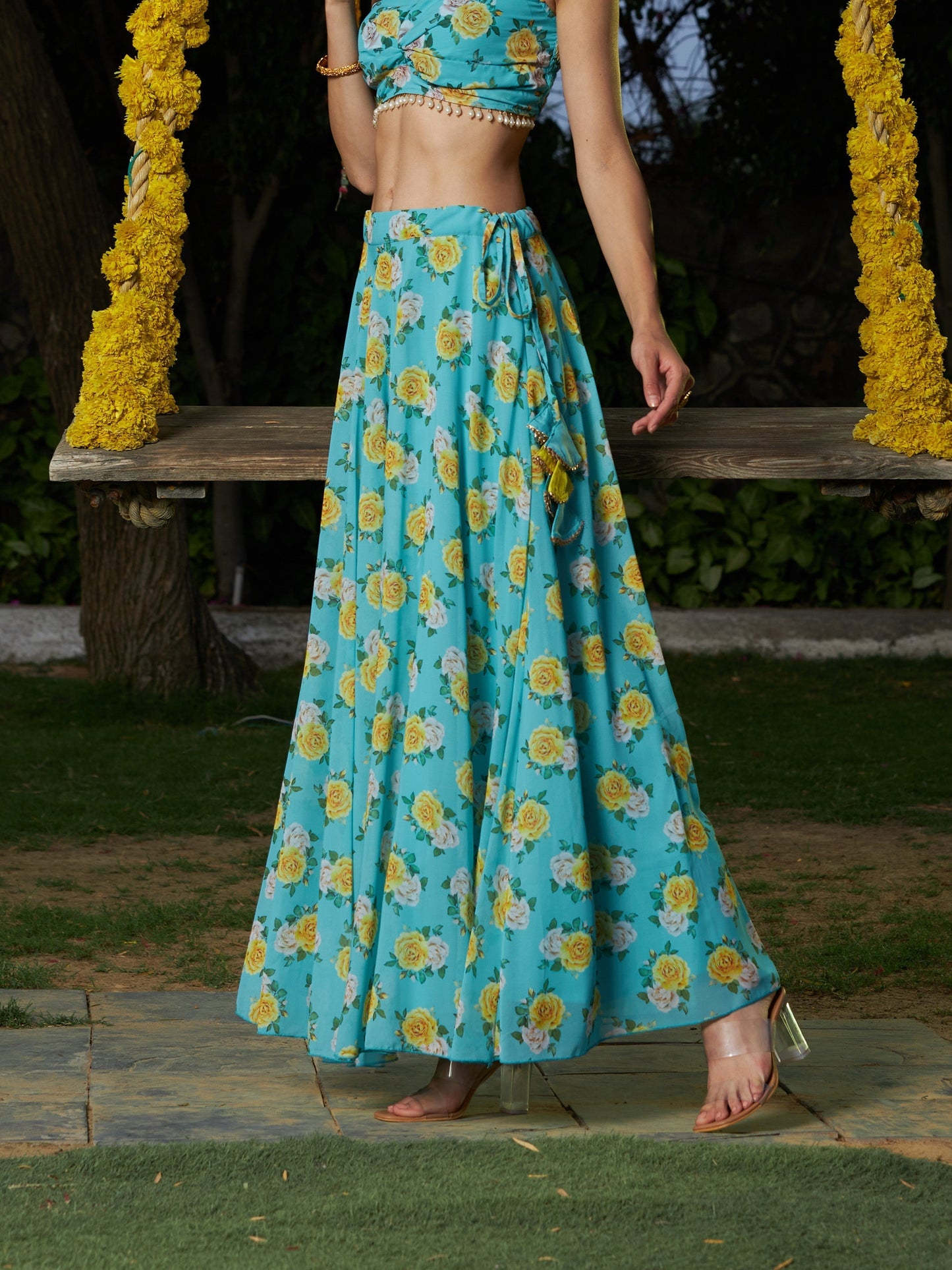 Women's Green Floral Bias Flared Skirt