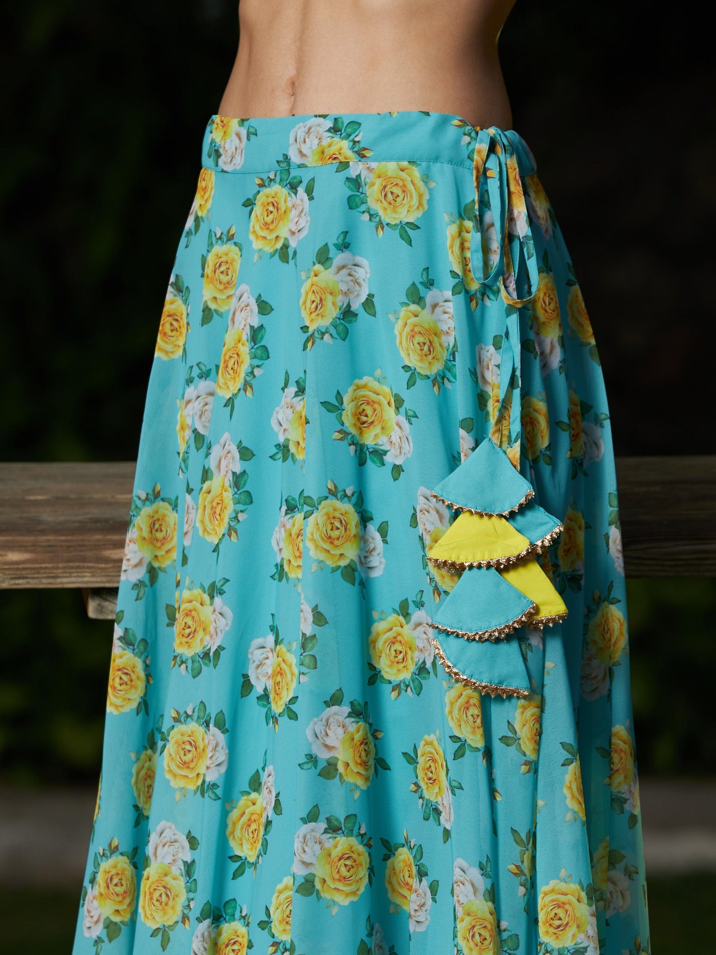 Women's Green Floral Bias Flared Skirt