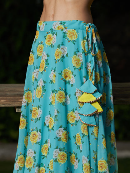 Women's Green Floral Bias Flared Skirt