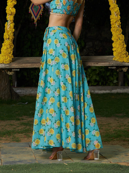 Women's Green Floral Bias Flared Skirt