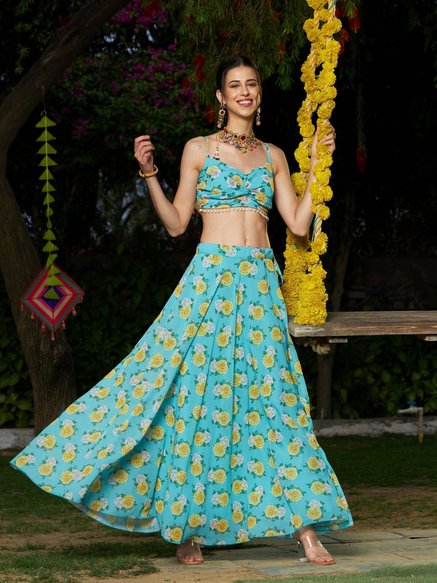 Women's Green Floral Bias Flared Skirt