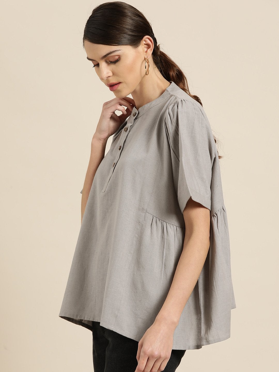 Women's Grey Kimono Sleeve Boxy Top