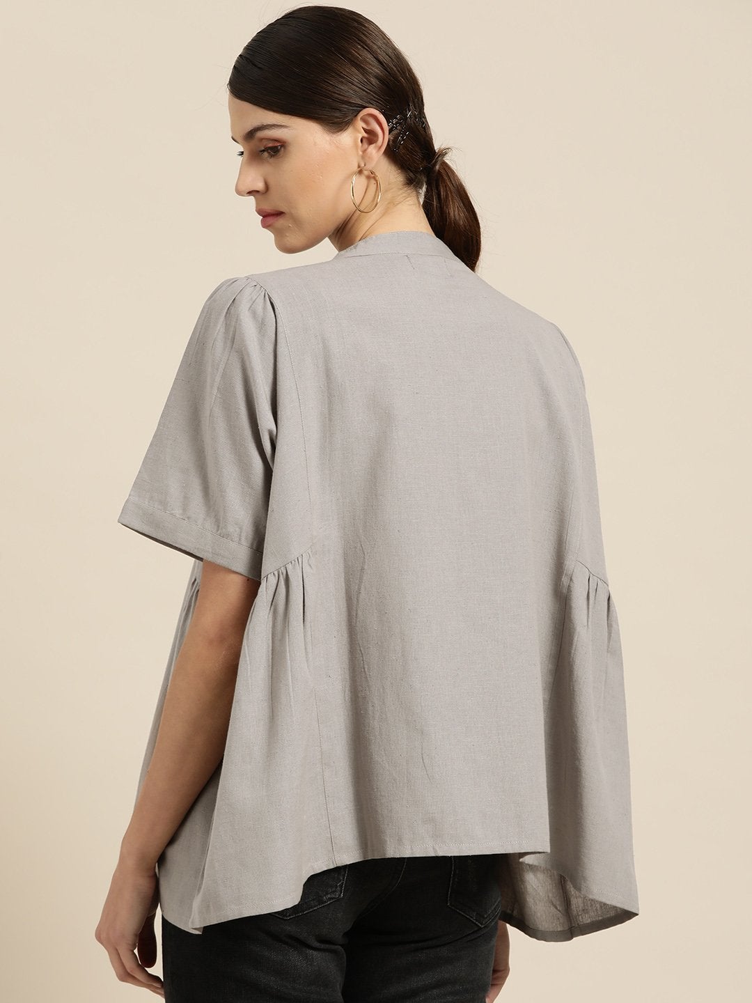 Women's Grey Kimono Sleeve Boxy Top