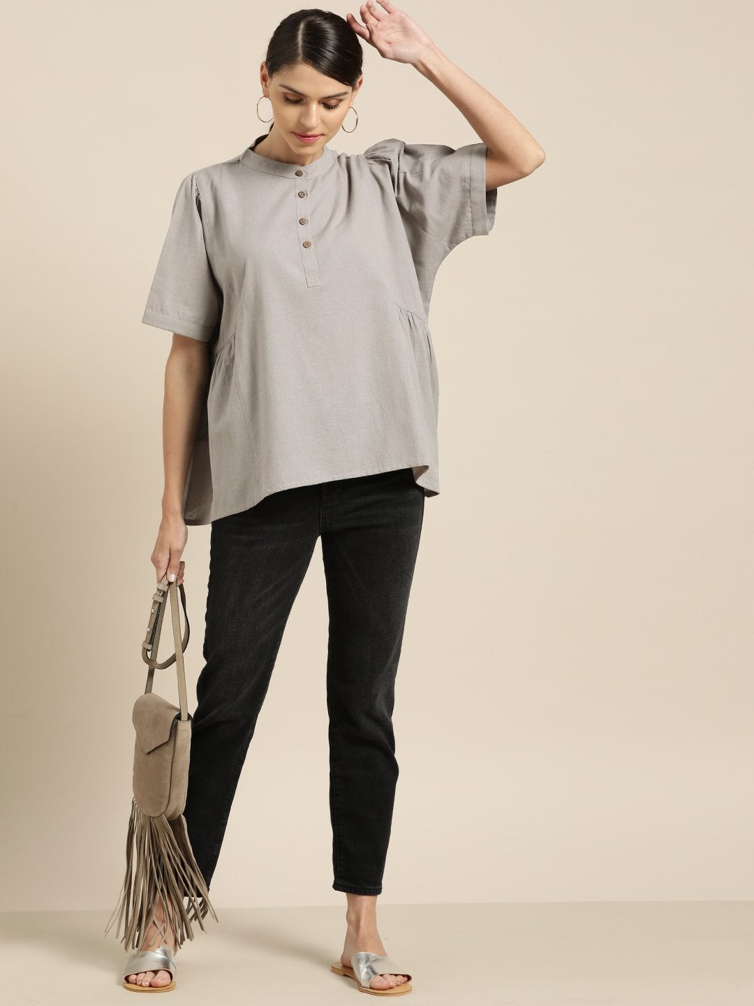 Women's Grey Kimono Sleeve Boxy Top