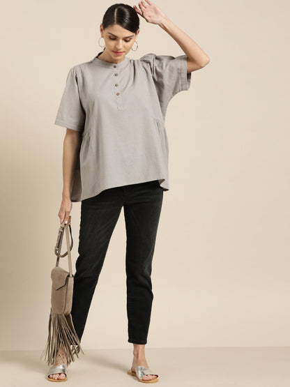 Women's Grey Kimono Sleeve Boxy Top