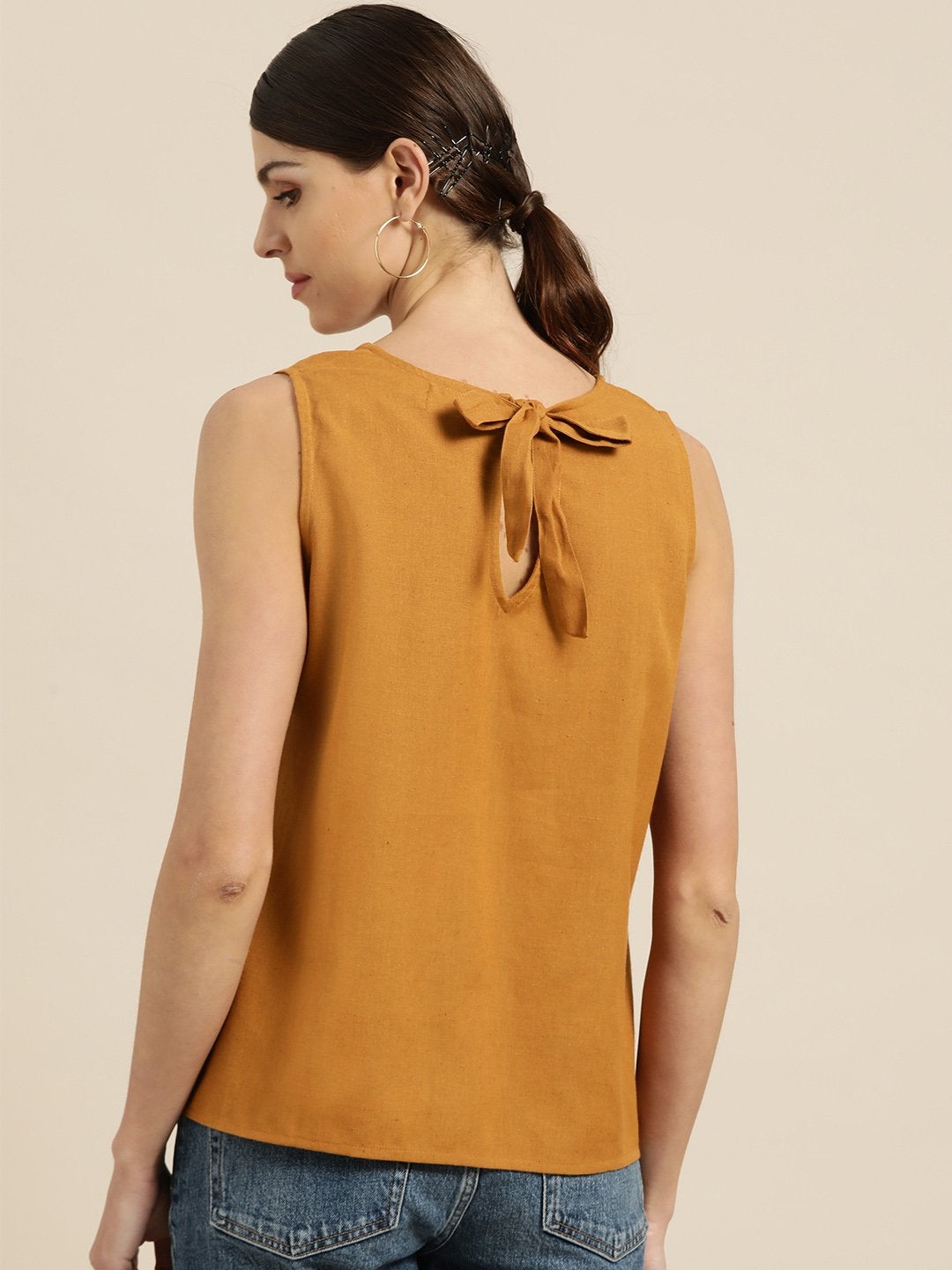 Women's Brown Sleeveless Back Tie Up Top