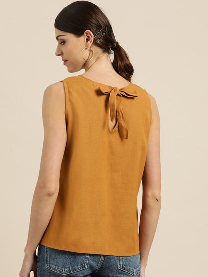 Women's Brown Sleeveless Back Tie Up Top