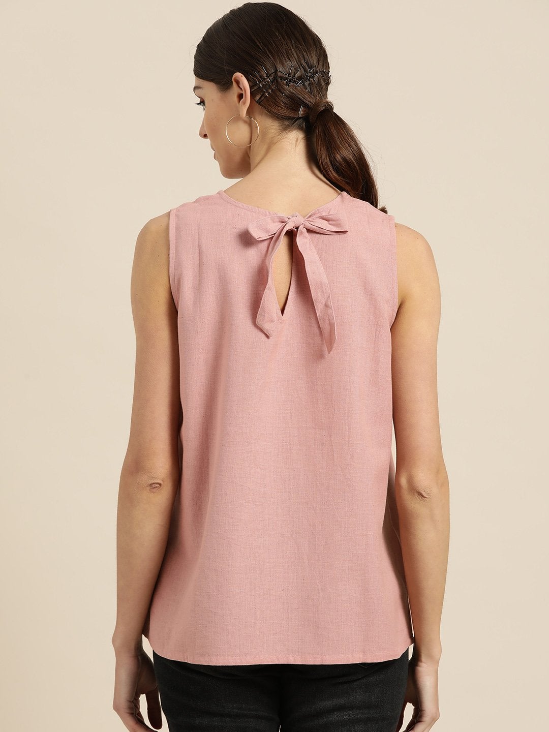 Women's Baked Pink Sleeveless Back Tie Up Top