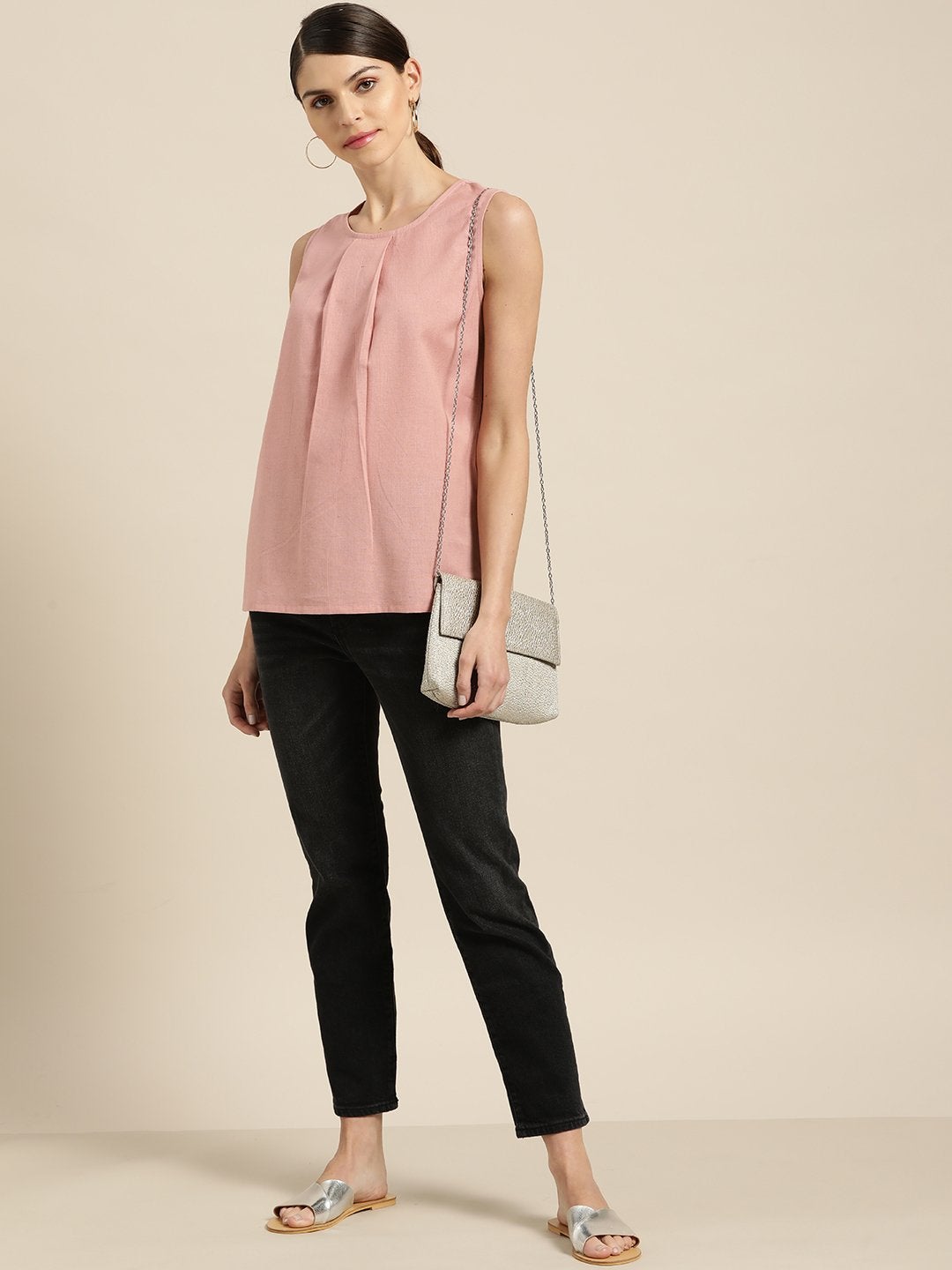 Women's Baked Pink Sleeveless Back Tie Up Top