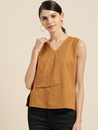 Women's Brown Wrap Sleeveless Top
