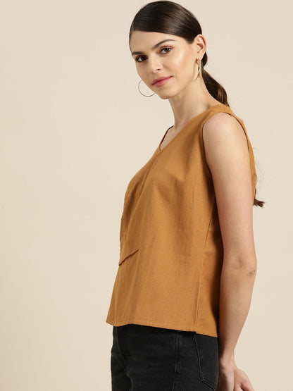 Women's Brown Wrap Sleeveless Top
