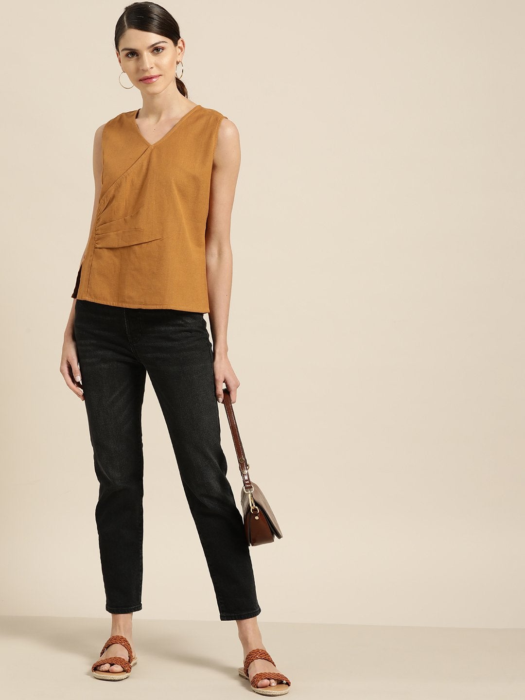 Women's Brown Wrap Sleeveless Top
