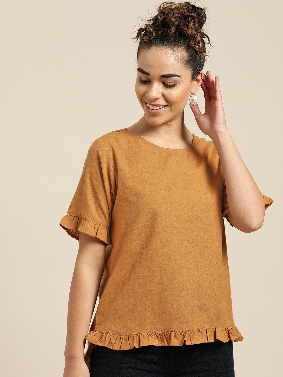 Women's Brown Frill Detail Top