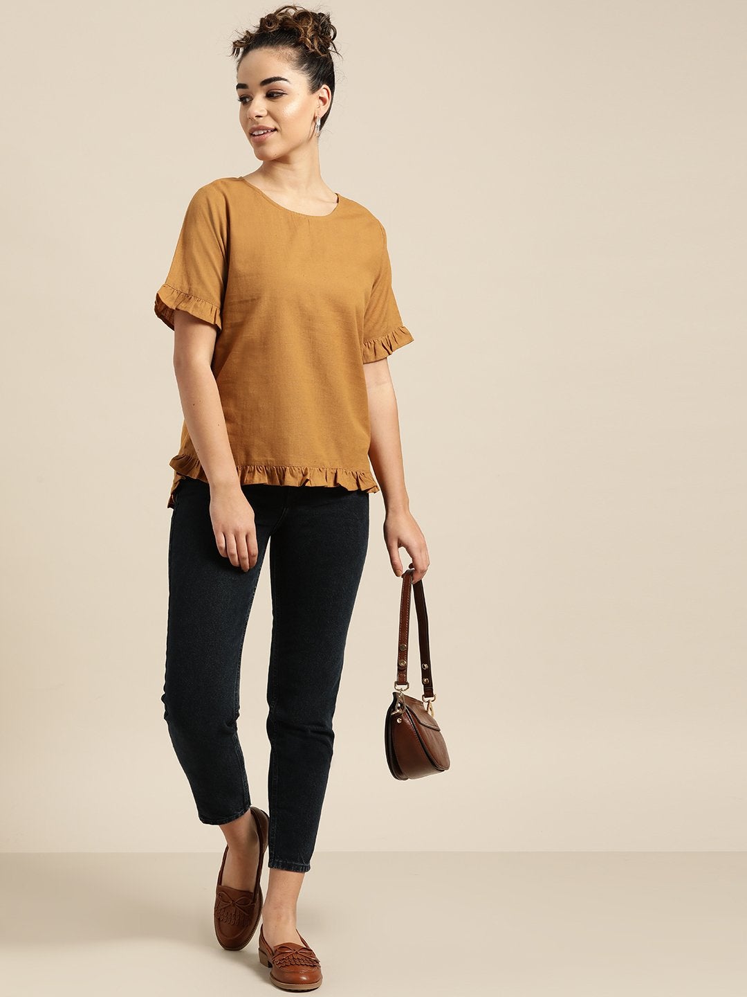 Women's Brown Frill Detail Top