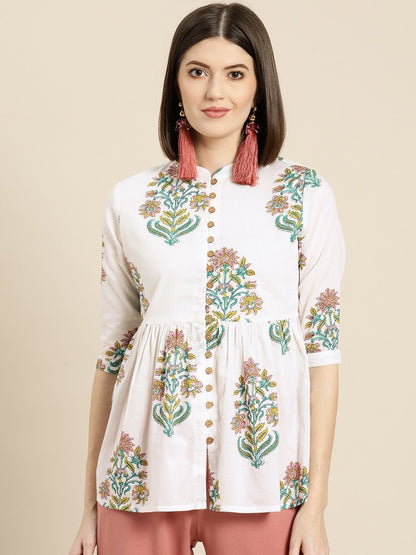 Women's White Floral Front Button Gathered Top