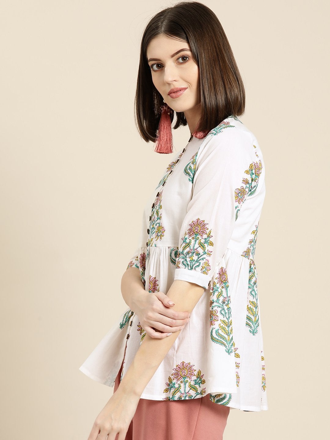 Women's White Floral Front Button Gathered Top