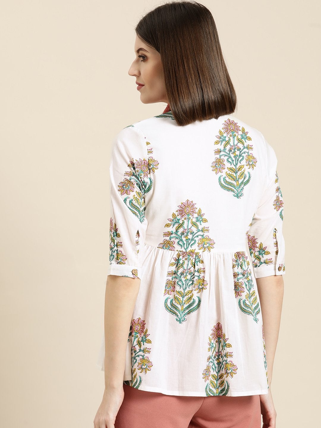 Women's White Floral Front Button Gathered Top