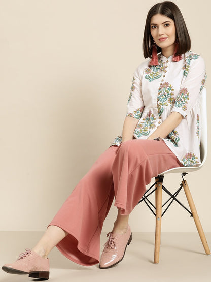 Women's White Floral Front Button Gathered Top