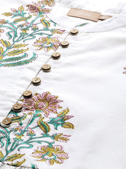 Women's White Floral Front Button Gathered Top