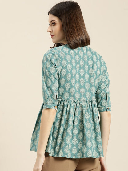 Women's Teal Printed Front Button Gathered Top