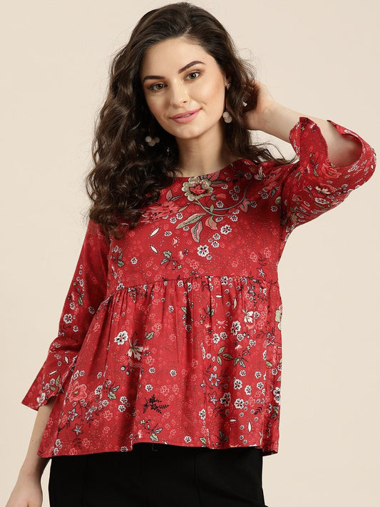 Women's Red Floral Gathered Top