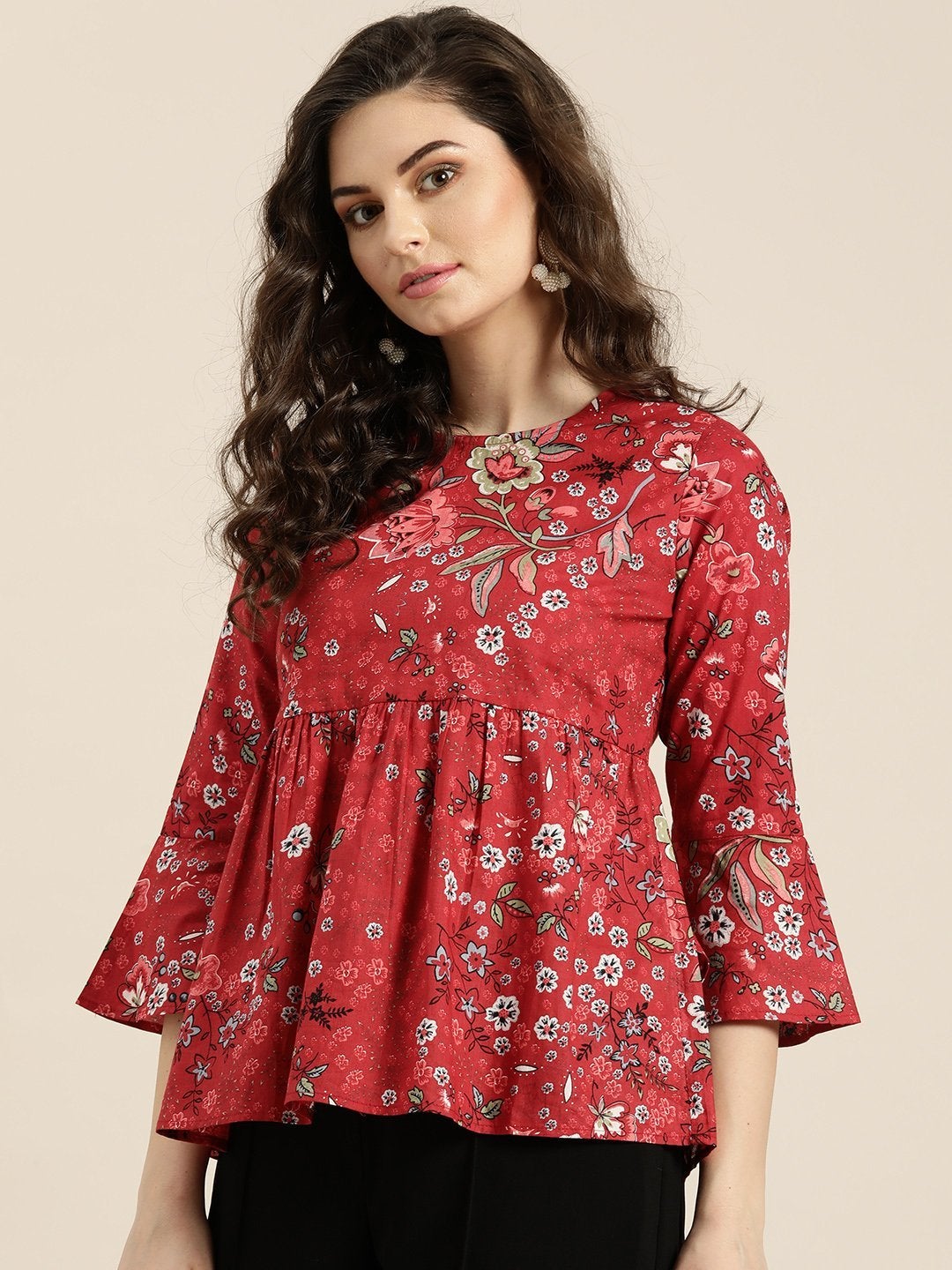 Women's Red Floral Gathered Top