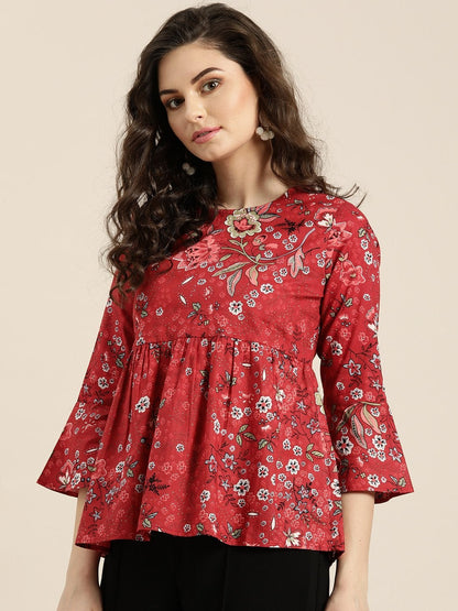 Women's Red Floral Gathered Top