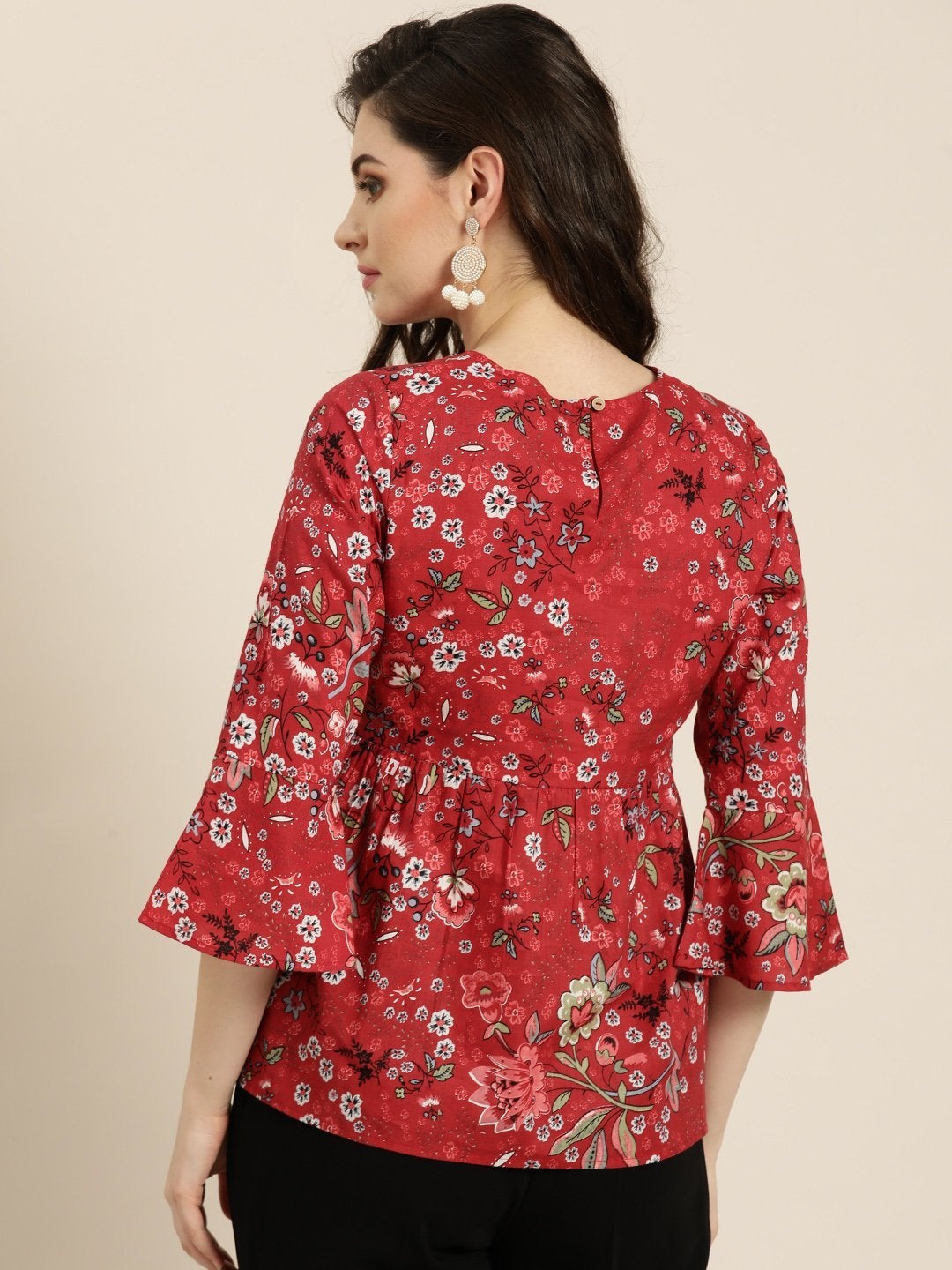 Women's Red Floral Gathered Top