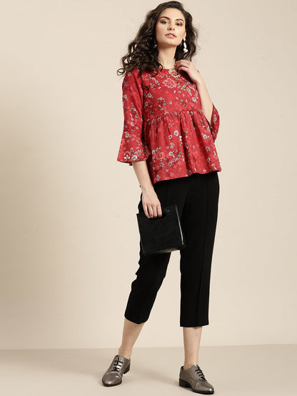 Women's Red Floral Gathered Top
