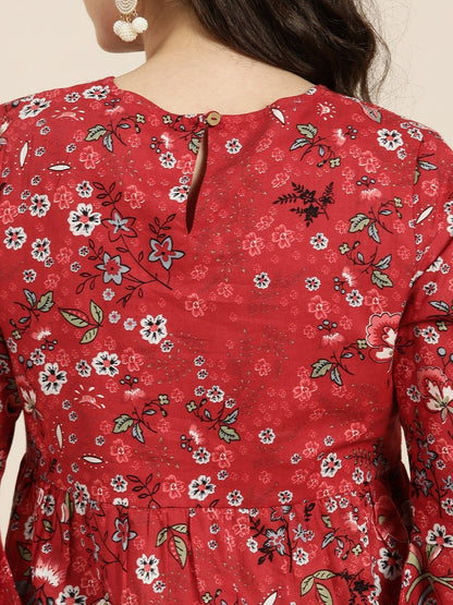 Women's Red Floral Gathered Top