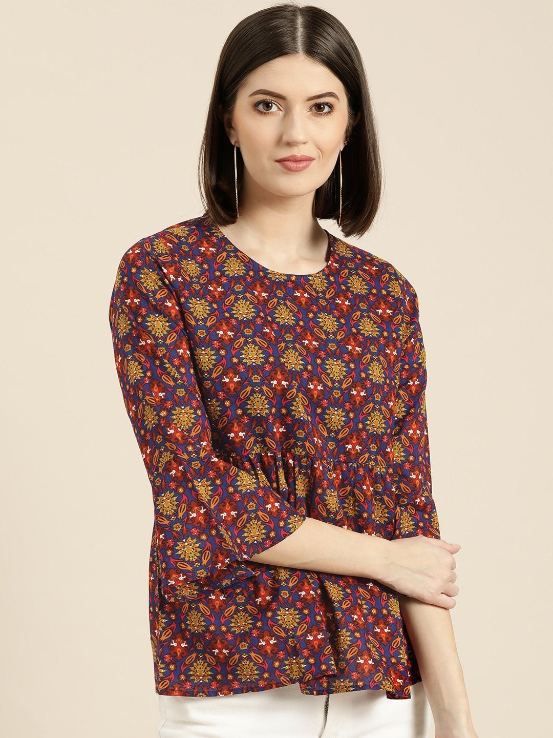 Women's Blue Floral Gathered Top