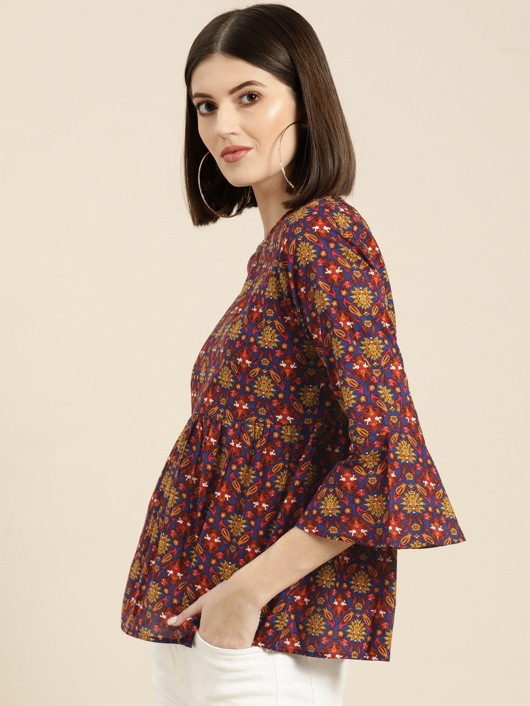 Women's Blue Floral Gathered Top